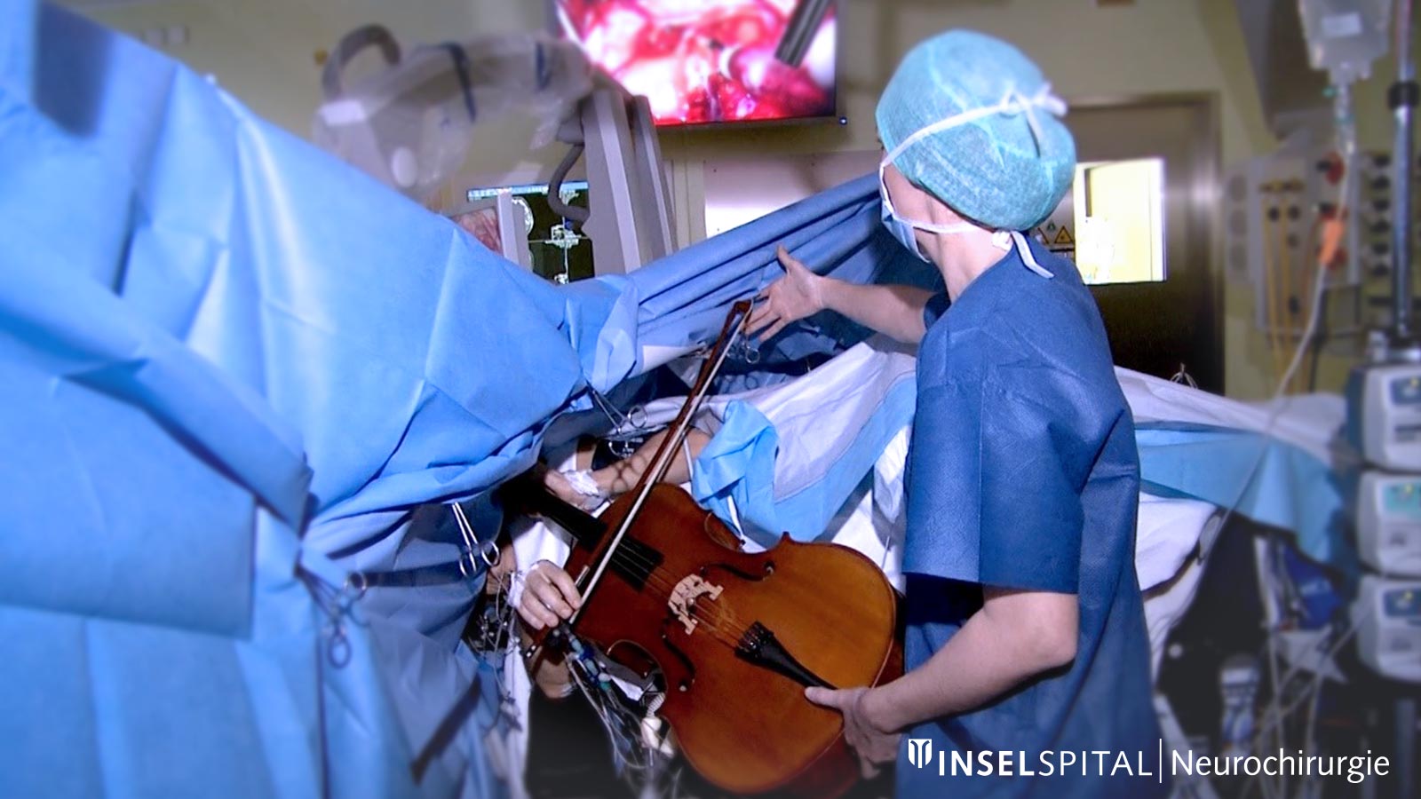 Photo of an awake brain surgery with a cello player playing the cello.