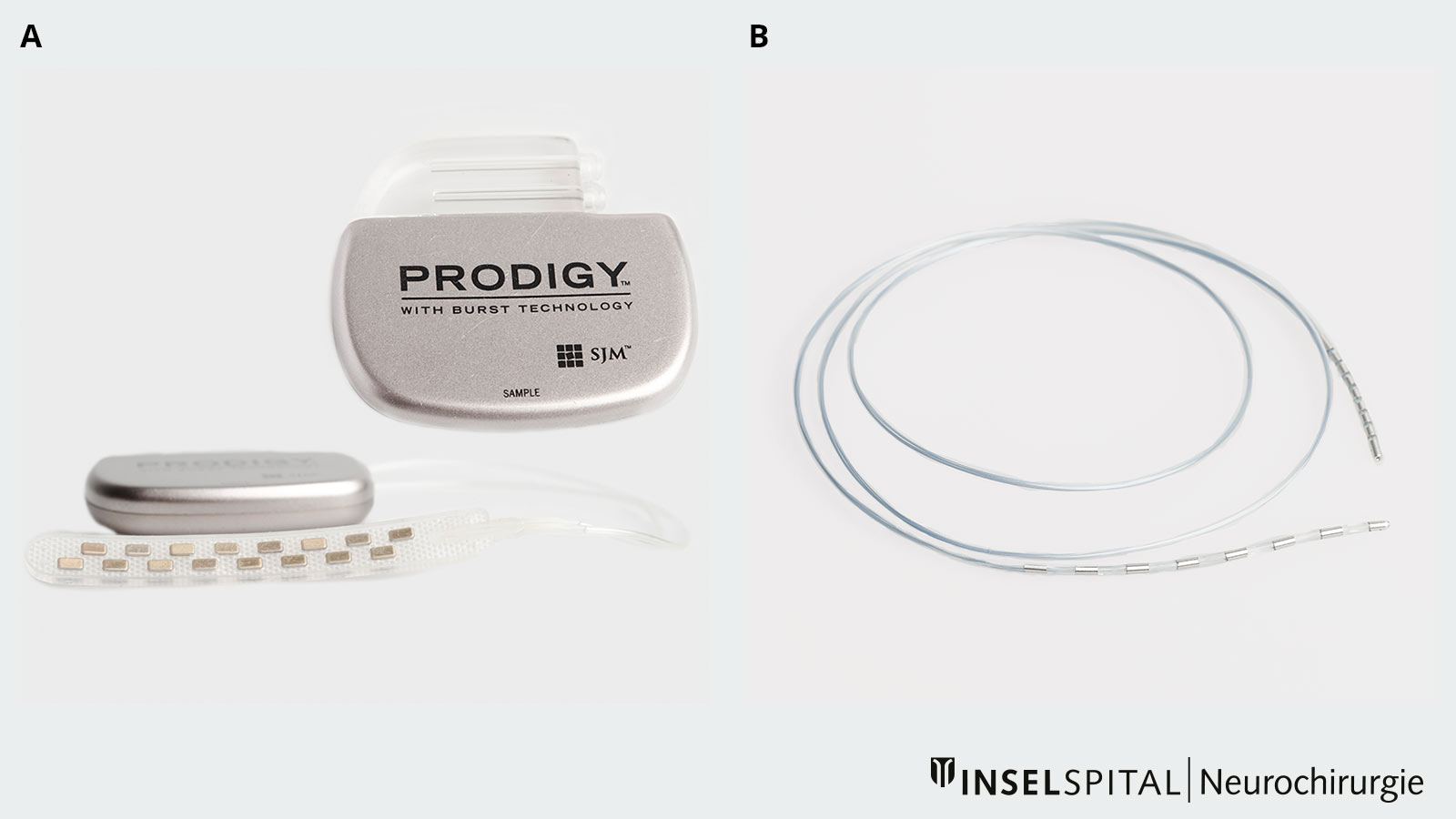 Foto des Neurostimulators mit 2 verschiedenen Elektroden: Plattenelektrode und Stabelektrode